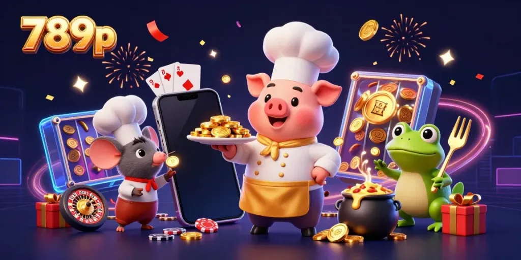 Enjoy exciting gameplay at 789p with our vibrant 3D illustration featuring a chef pig serving gold coins amidst thrilling slot and casino elements.
