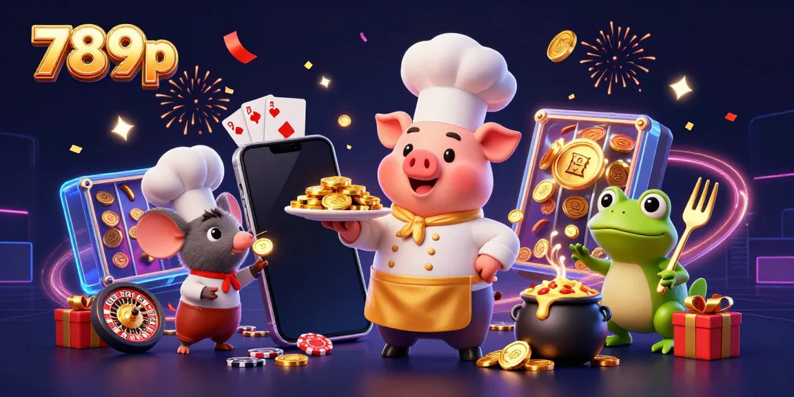 Enjoy exciting gameplay at 789p with our vibrant 3D illustration featuring a chef pig serving gold coins amidst thrilling slot and casino elements.