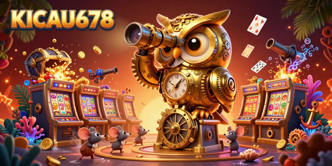 KICAU678 offers vibrant slots and exciting games in a packed casino scene with a golden owl and playful mice.
