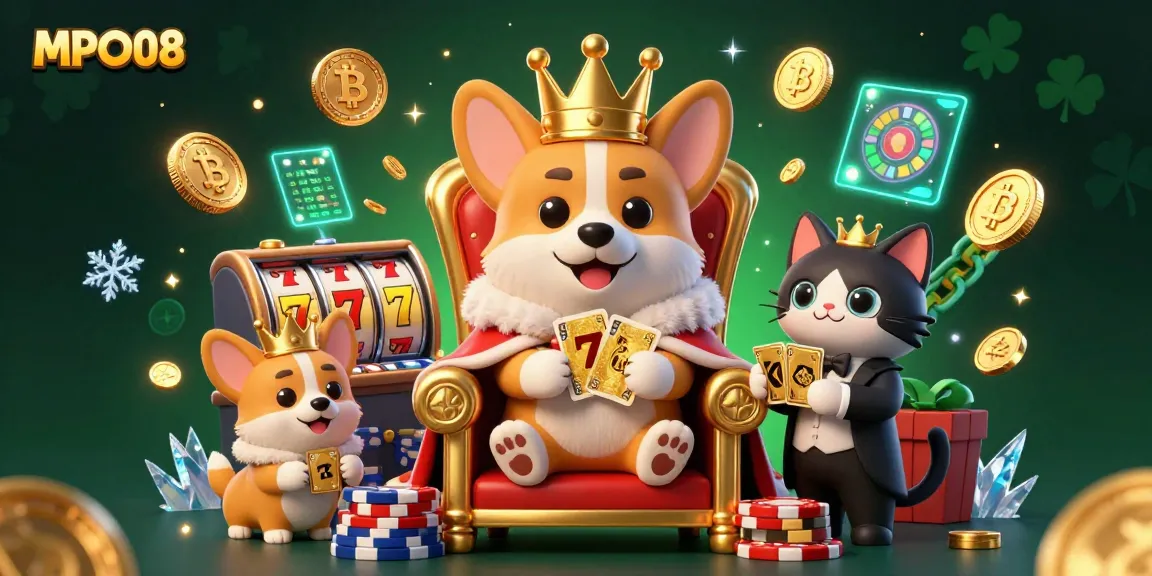 MPO08 offers vibrant slot games featuring a royal corgi and dynamic casino elements.