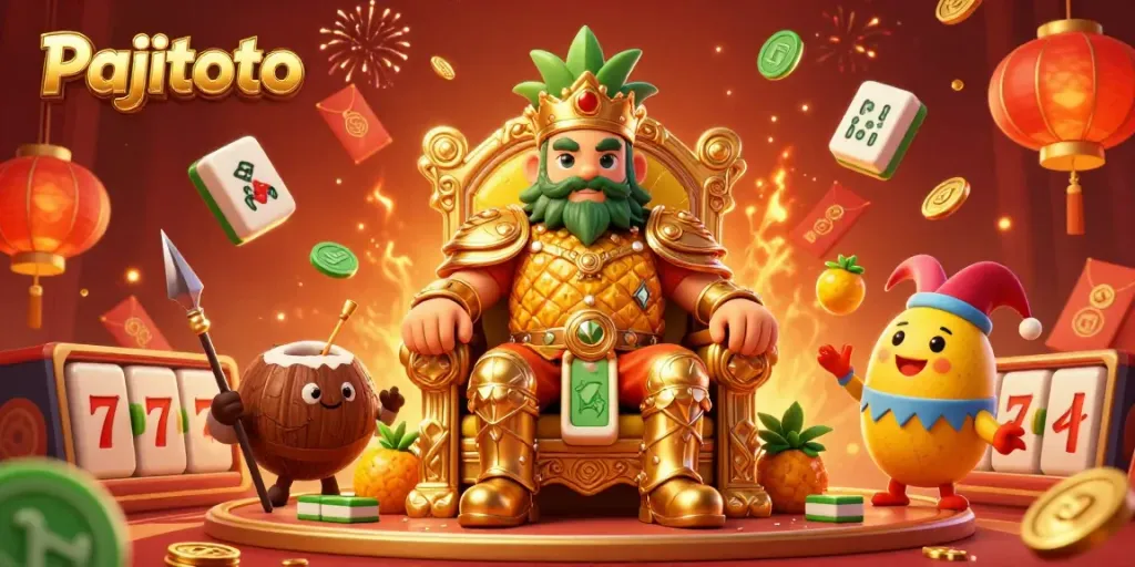 Pajitoto casino illustration featuring a golden pineapple king and vibrant casino elements.