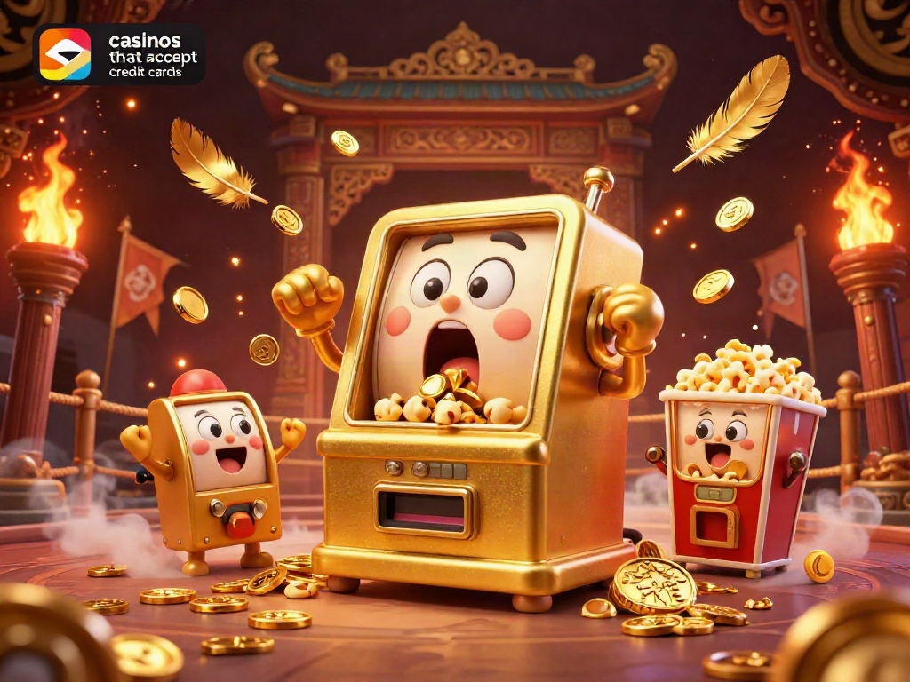 Celebrate wins at casinos that accept credit cards with a joyful golden slot machine hitting a jackpot while smaller machines cheer.