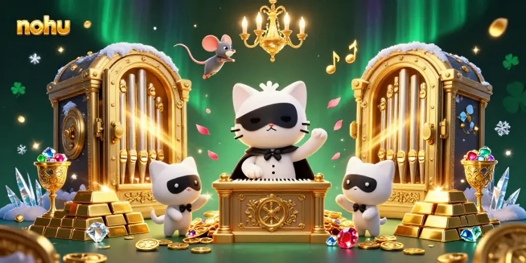 Experience excitement at nohu casino with dynamic characters and gold elements in this 3D illustration.