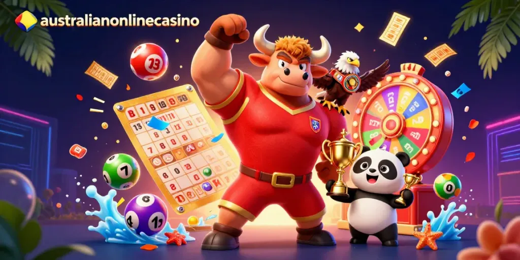 A dynamic scene showcasing a muscular bull, eagle, and panda promoting australianonlinecasino with gaming elements.