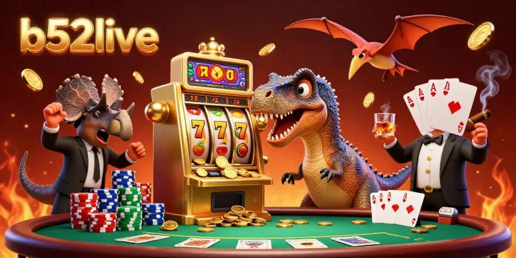Engage with b52live as a pachycephalosaurus celebrates a jackpot in this vibrant casino scene.
