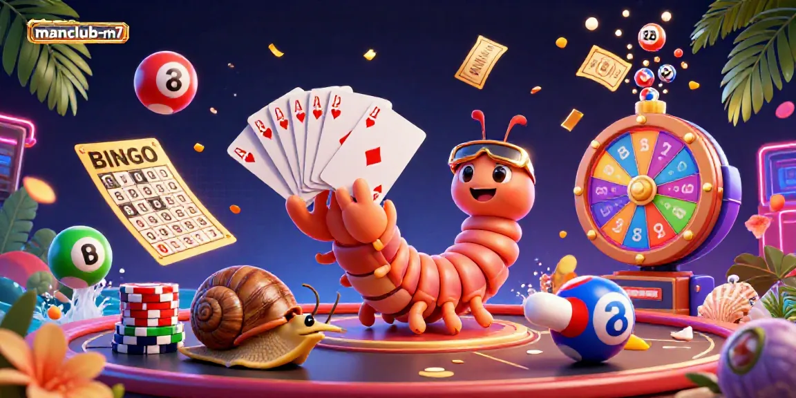Experience the thrill of gambling with manclub-m7 as vibrant lottery elements and animated characters enhance the casino atmosphere.