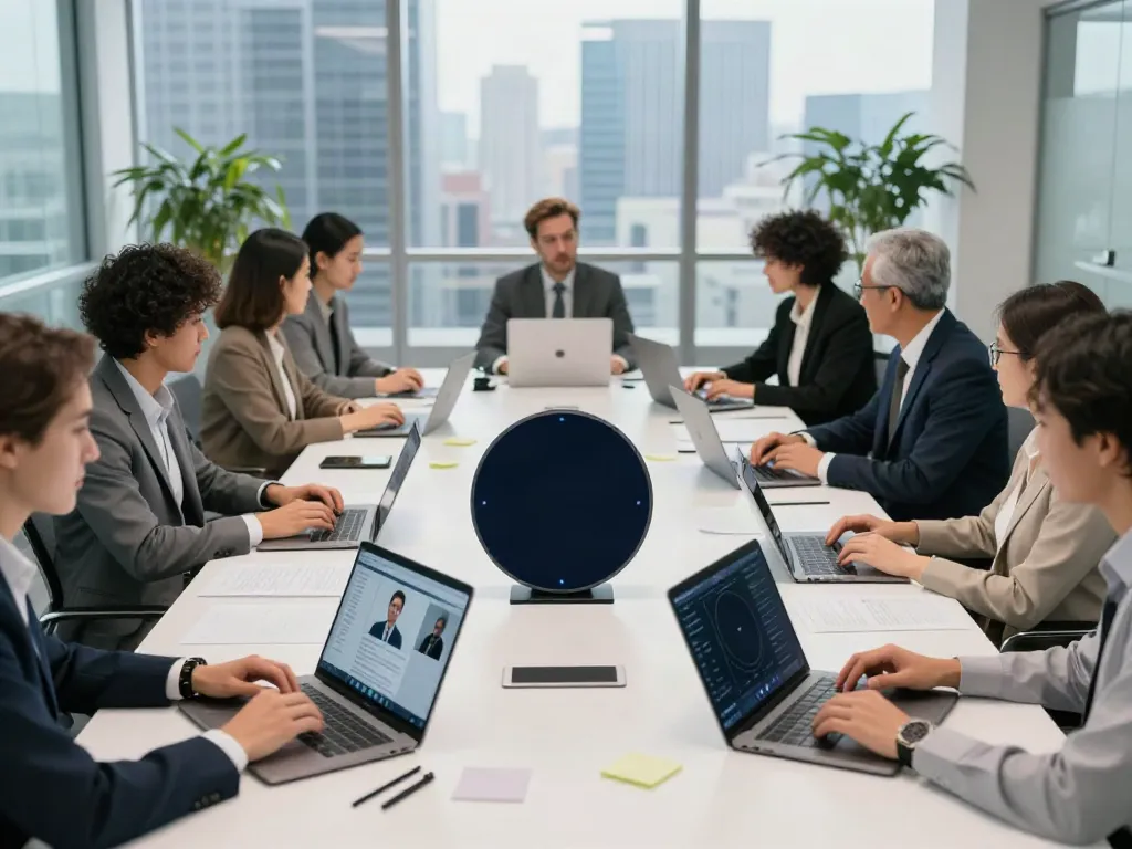 Deepfake protected meetings in a secure corporate environment, showcasing collaborative technology.