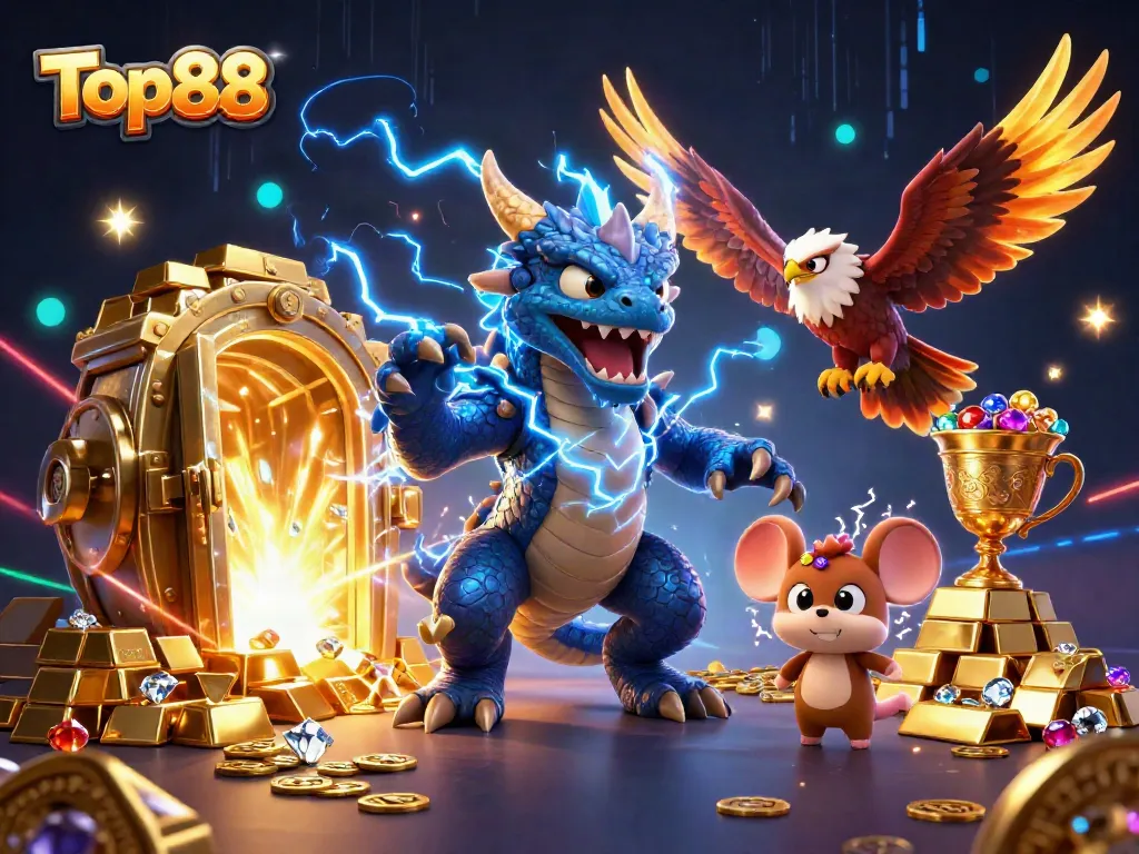 Experience the thrill of Top88 in a vibrant casino scene with dragon, hawk, and treasures.