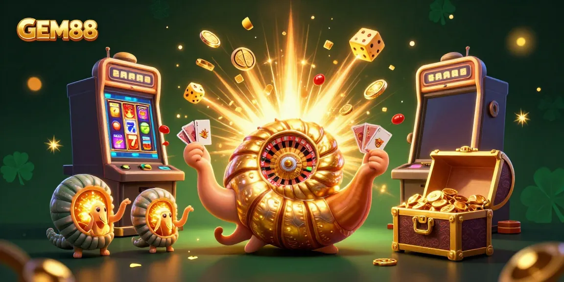 Experience the thrill of GEM88 with a dynamic, colorful 3D casino scene featuring ancient nautilus and jackpot elements.