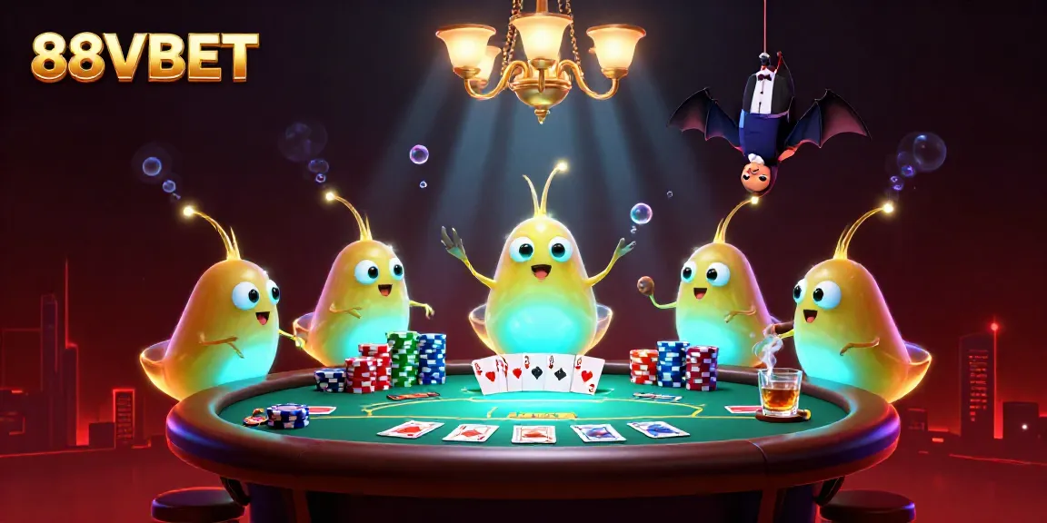 Engaging 88VBET casino scene with glowworms lighting up a vibrant poker table.
