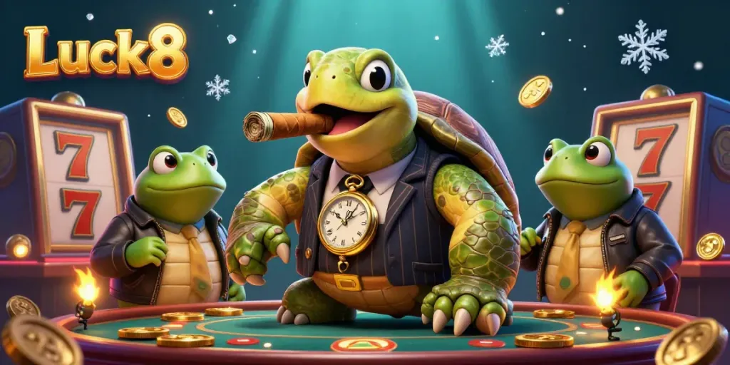 Engage in thrilling Luck8 gaming with an animated turtle in mobster attire flanked by bullfrogs amidst dynamic slot elements.
