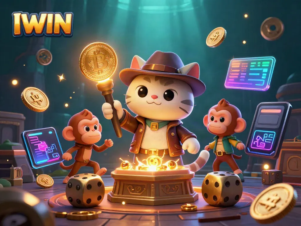 Experience thrilling gameplay at IWIN, where a cat discovers a golden casino artifact amidst dynamic elements.