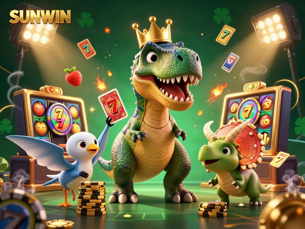 SUNWIN showcases a vibrant 3D scene with a T-Rex shuffling cards, pterodactyl assistant, and a baby triceratops stacking chips.