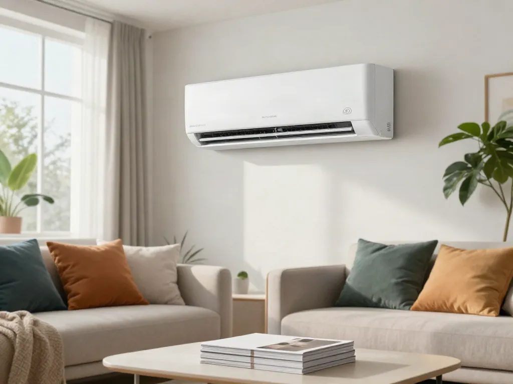 Mini split air conditioner in a cozy modern living room with bright light and stylish decor.