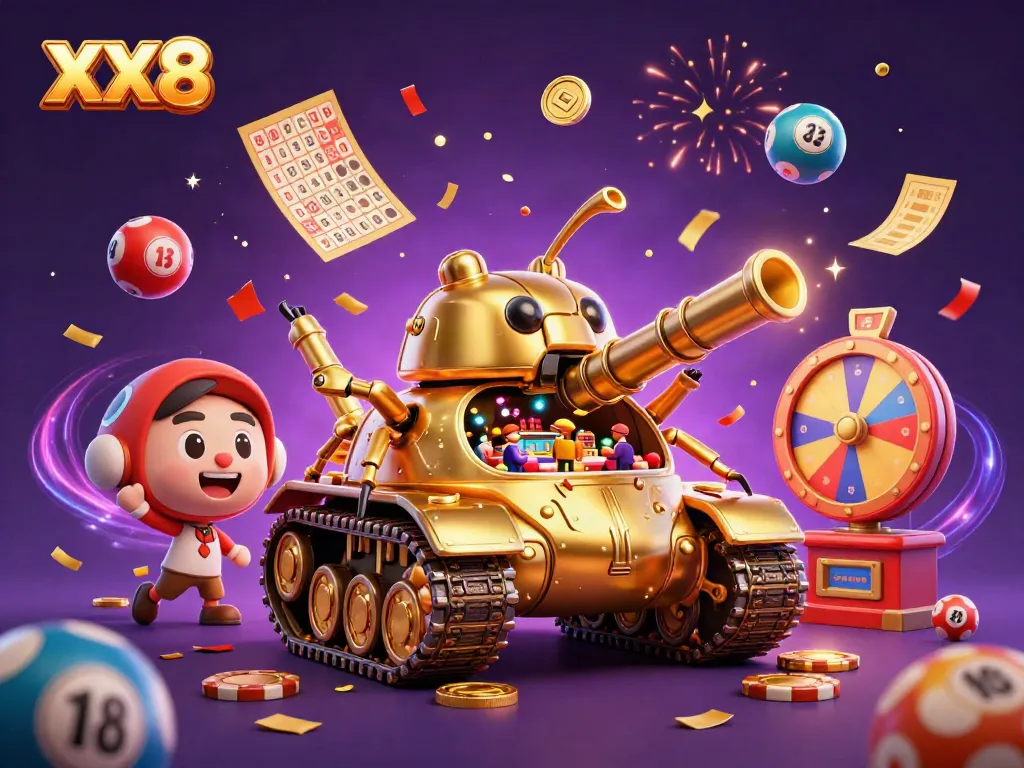 Experience the excitement of XX8 with a colorful casino scene featuring a golden beetle tank and confetti.