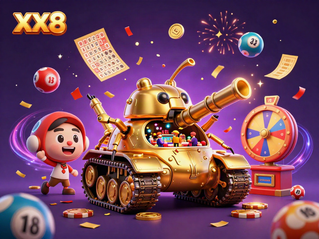 Experience the excitement of XX8 with a colorful casino scene featuring a golden beetle tank and confetti.