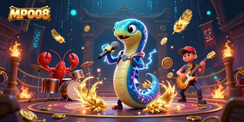 MPO08 introduces an electric eel DJ, lobster drummer, and seahorse guitarist on an underwater casino stage surrounded by vibrant betting symbols.