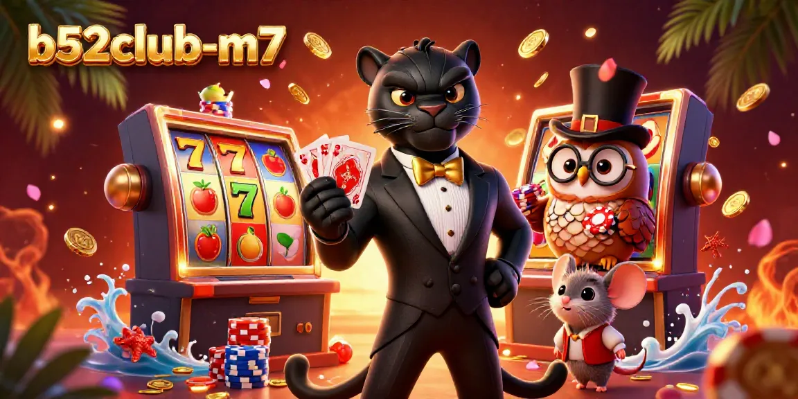 Experience the excitement of b52club-m7 as the black panther deals cards amidst slot machines and vibrant casino imagery.
