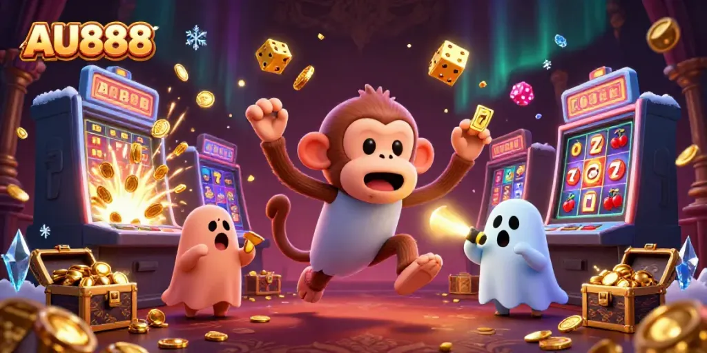 Experience the excitement of AU888 with a mischievous monkey juggling golden coins in a dynamic casino scene.