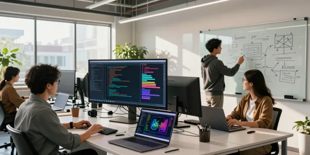 Engaged team collaborating on AI infrastructure solutions with advanced technology tools.