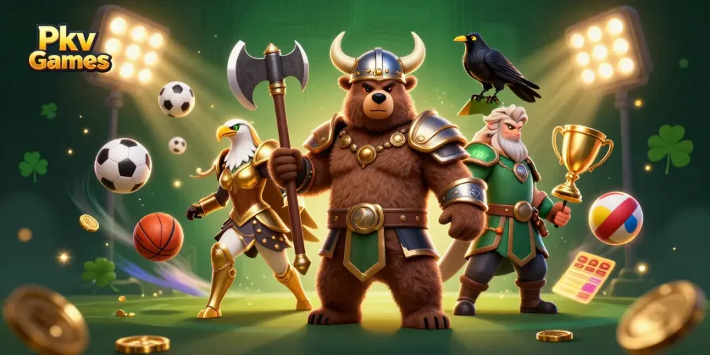 Engage in Pkv Games with epic Viking characters battling amidst sports elements and casino imagery.
