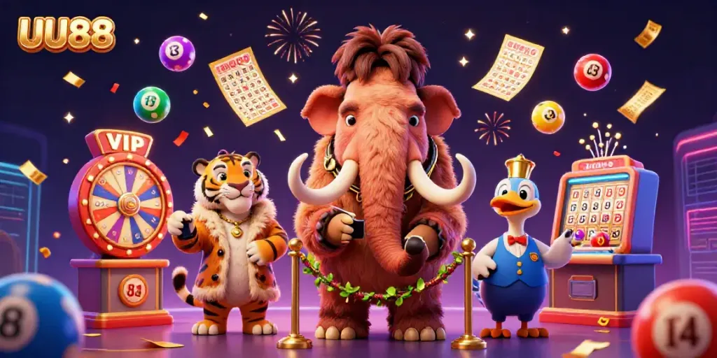 UU88 casino scene with a woolly mammoth bouncer and colorful gaming elements surrounding them.
