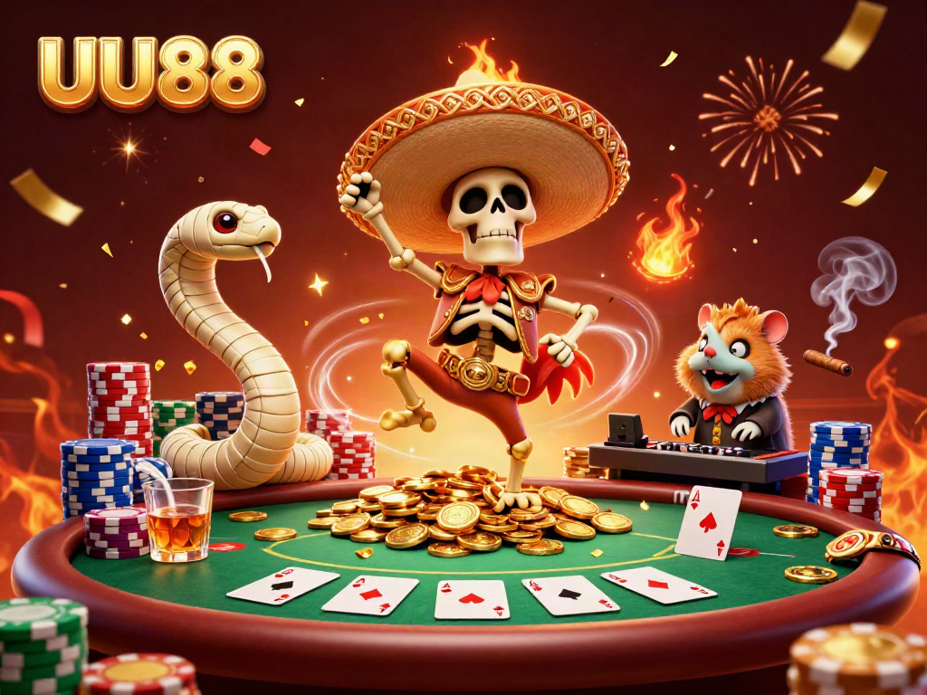 Experience the vibrant excitement of UU88 with a lively casino scene featuring a mariachi rooster, mummy snake, and DJ hamster.