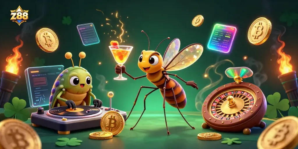 Engage with z188's vibrant online casino featuring a golden mosquito mascot and a trilobite DJ.