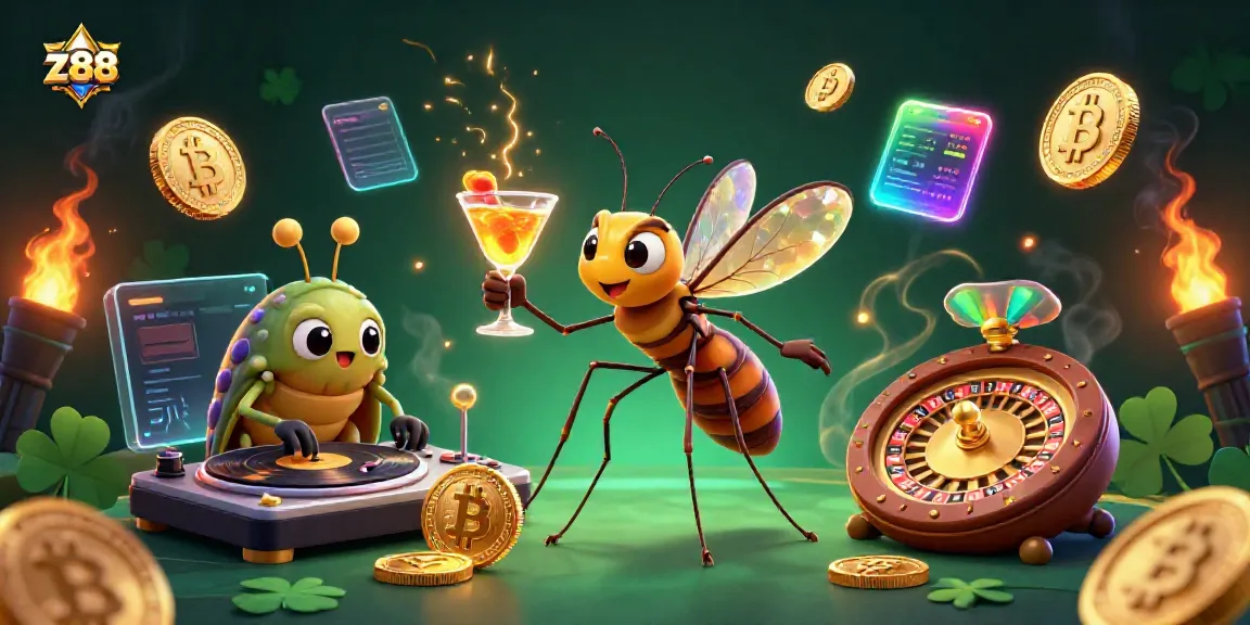 Engage with z188's vibrant online casino featuring a golden mosquito mascot and a trilobite DJ.