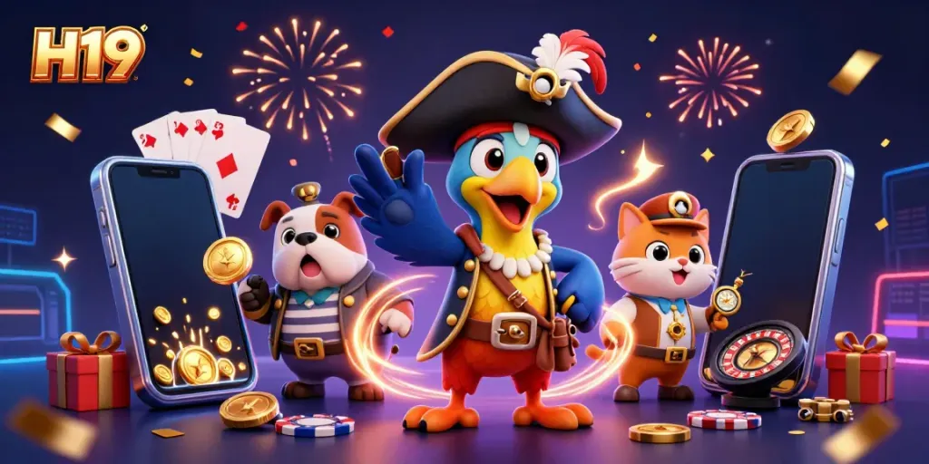 H19 online casino features vibrant slot games and engaging characters in an exciting illustration.