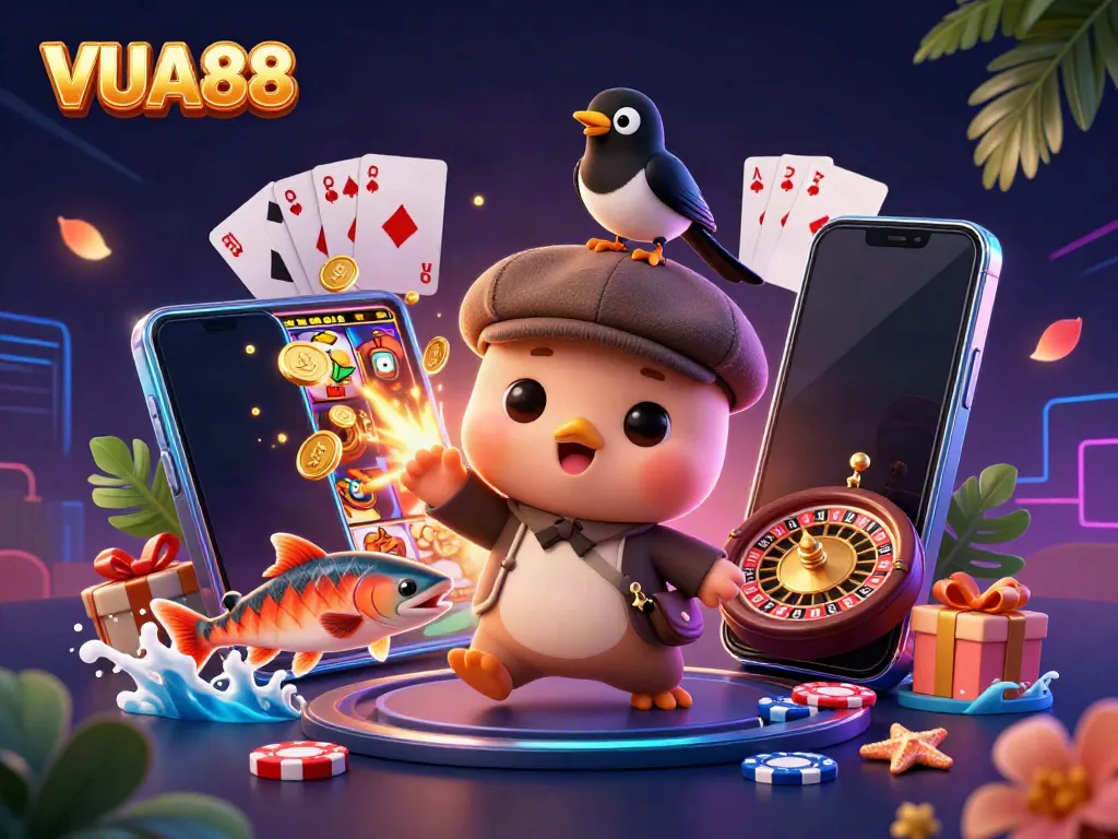 Engage in thrilling gameplay with VUA88’s vibrant cartoon characters surrounded by dynamic casino elements.