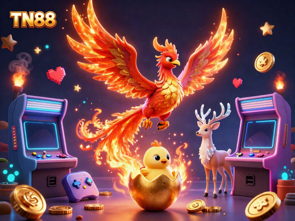 Win big with TN88 as a fiery phoenix takes flight in this vibrant online casino illustration.