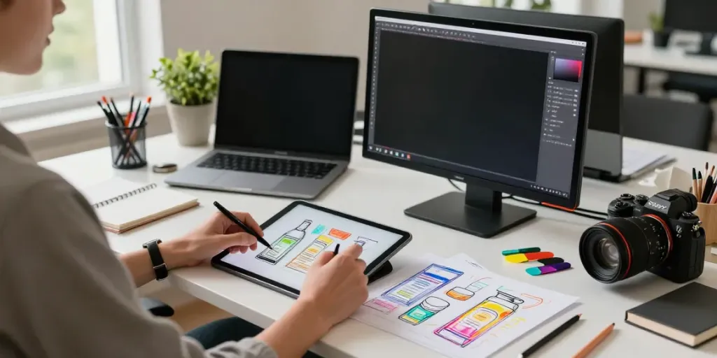 skintoto login interface being designed at a digital workspace, with vibrant sketches and tools.