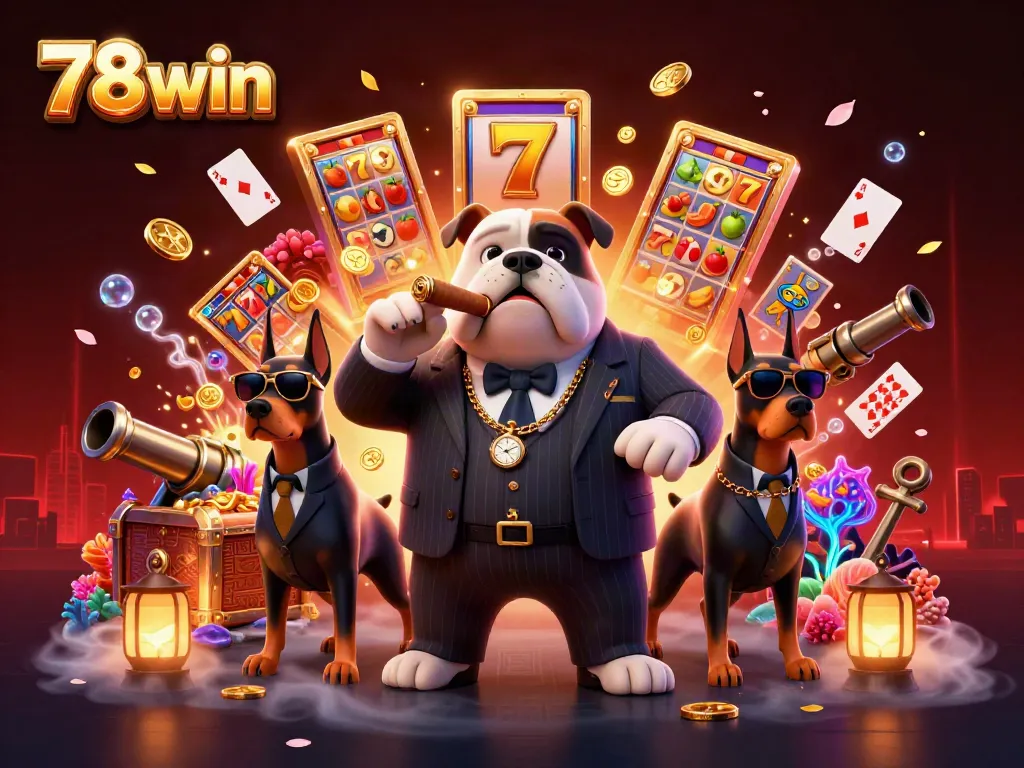 Experience excitement with 78win's cartoon mafia boss and game-themed elements in ultra-detailed 3D art.