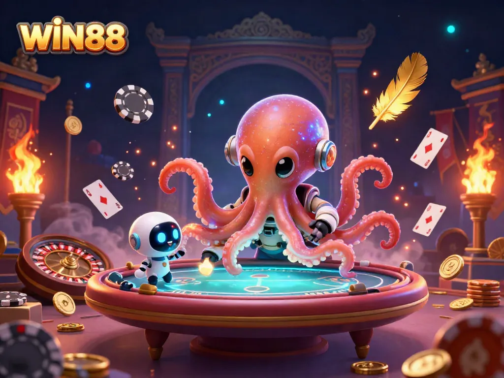 Experience high-energy gameplay at WIN88 casino with a holographic poker scene showcasing vibrant character interactions.