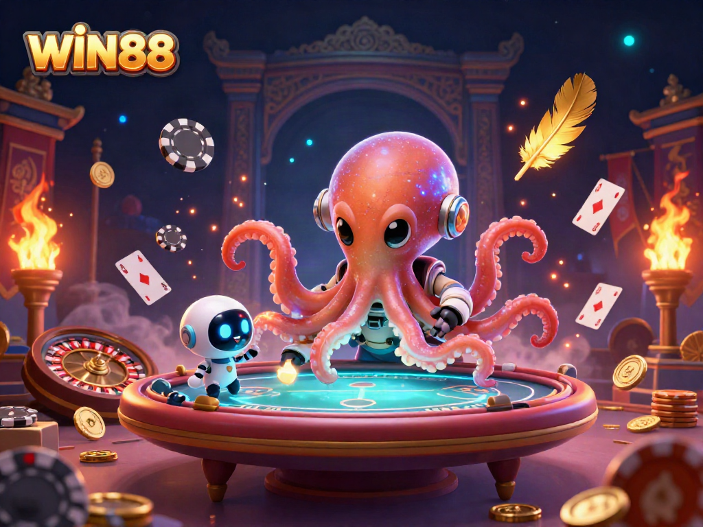 Experience high-energy gameplay at WIN88 casino with a holographic poker scene showcasing vibrant character interactions.