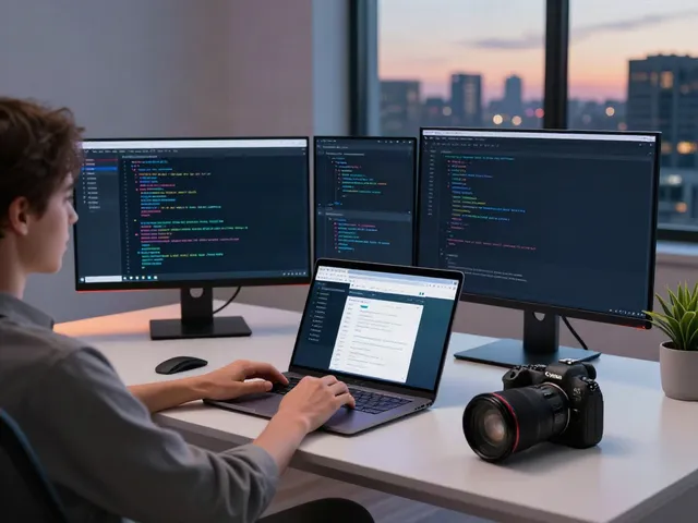 Brave browser displayed on laptop in a modern tech workspace.