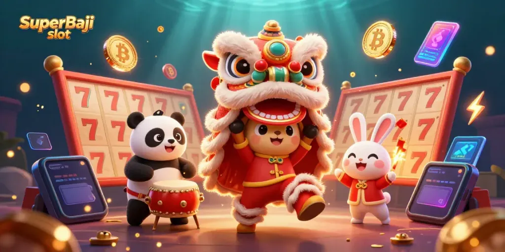 Engage with SuperBaji slot in a vibrant 3D scene featuring festive characters and slot elements.