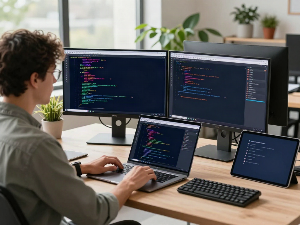 Developer working on apk application coding in a modern tech workspace