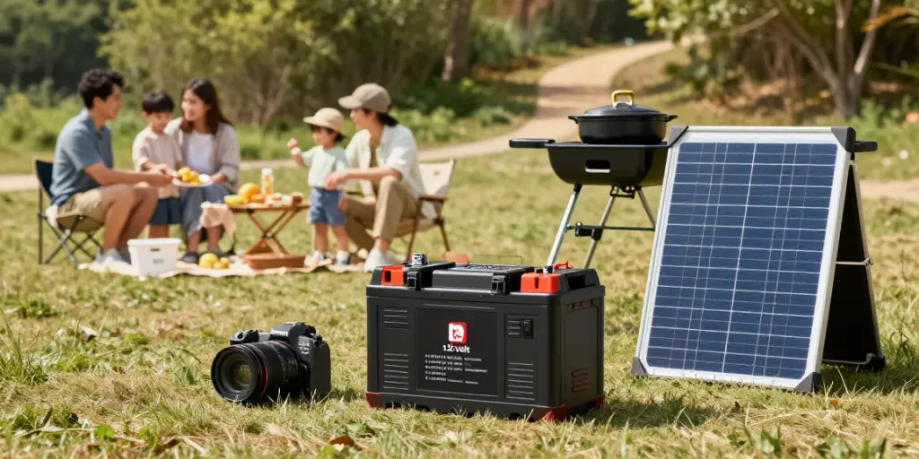 Family using a 12-volt battery for outdoor activities with camping gear.