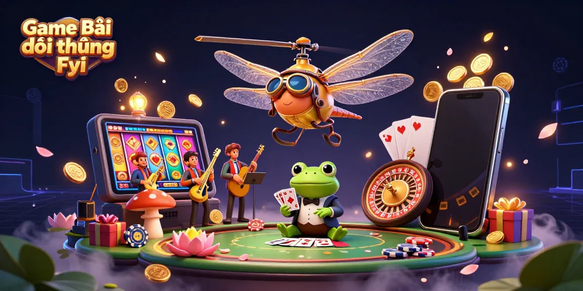 Game Bài Đổi Thưởng Fyi showcases a vibrant scene with a dragonfly pilot, frog dealing cards, and jazz musicians.