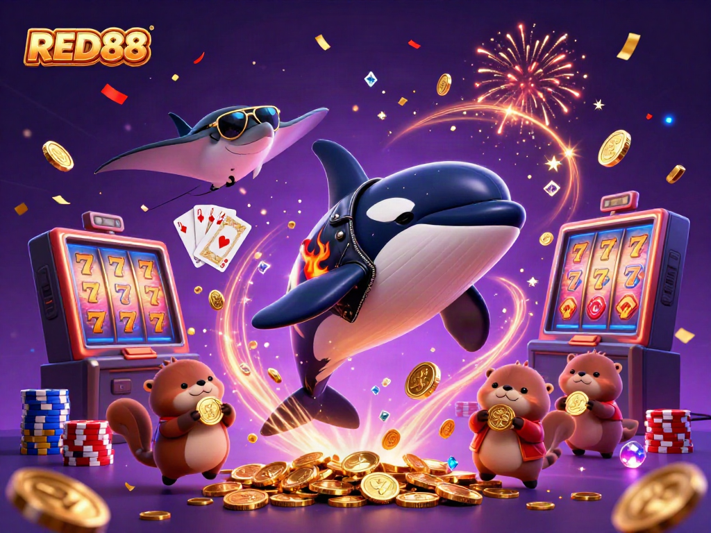 Experience the thrilling excitement of RED88 with vibrant characters and dynamic casino elements.