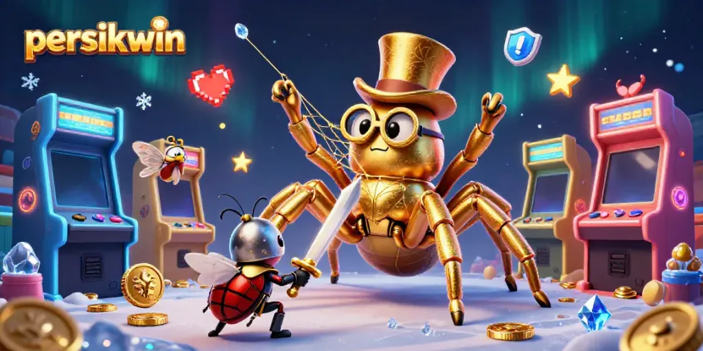 Persikwin menghadirkan ilustrasi 3D tarantula emas besar di kasino dengan elemen permainan yang menarik.