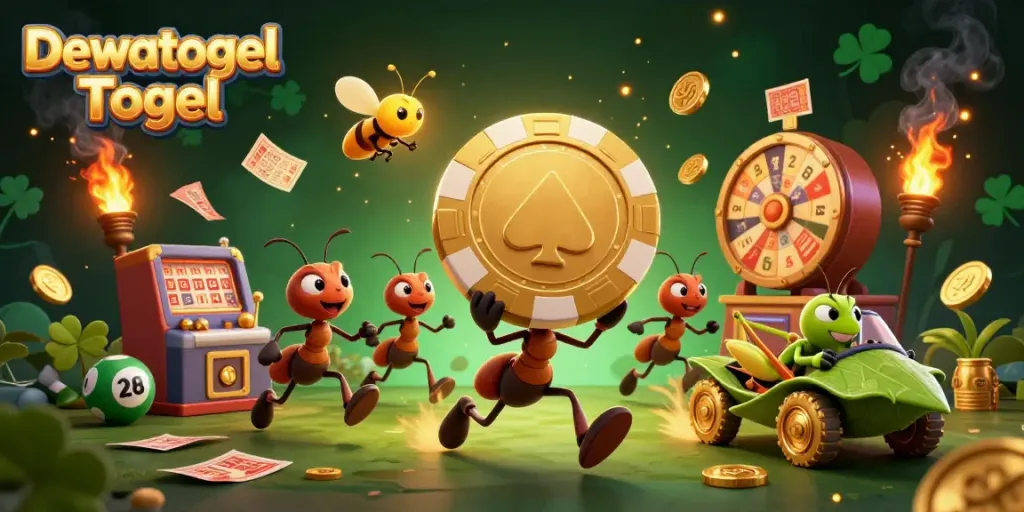 Dewatogel Togel lottery excitement illustrated with ants, golden chips, and vibrant elements.