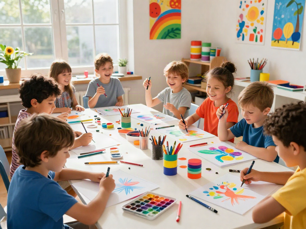 Children creating art with colorful crayon varieties in a vibrant art studio.