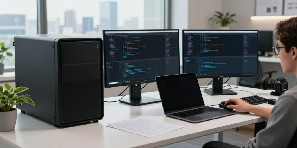 Privacy VPS server setup with developer coding in a modern workspace.