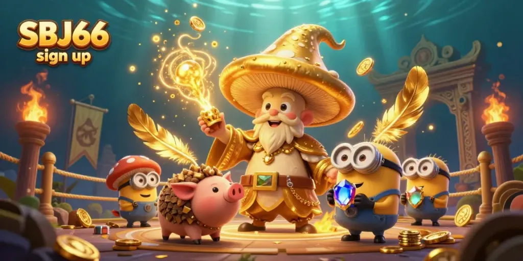 Experience the thrill of the SBJ66 sign up with a magical scene of a golden wizard, treasure-hunting pig, and celebratory elements in a vibrant casino.