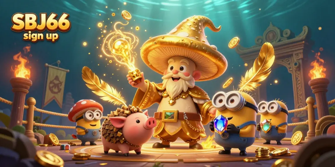Experience the thrill of the SBJ66 sign up with a magical scene of a golden wizard, treasure-hunting pig, and celebratory elements in a vibrant casino.
