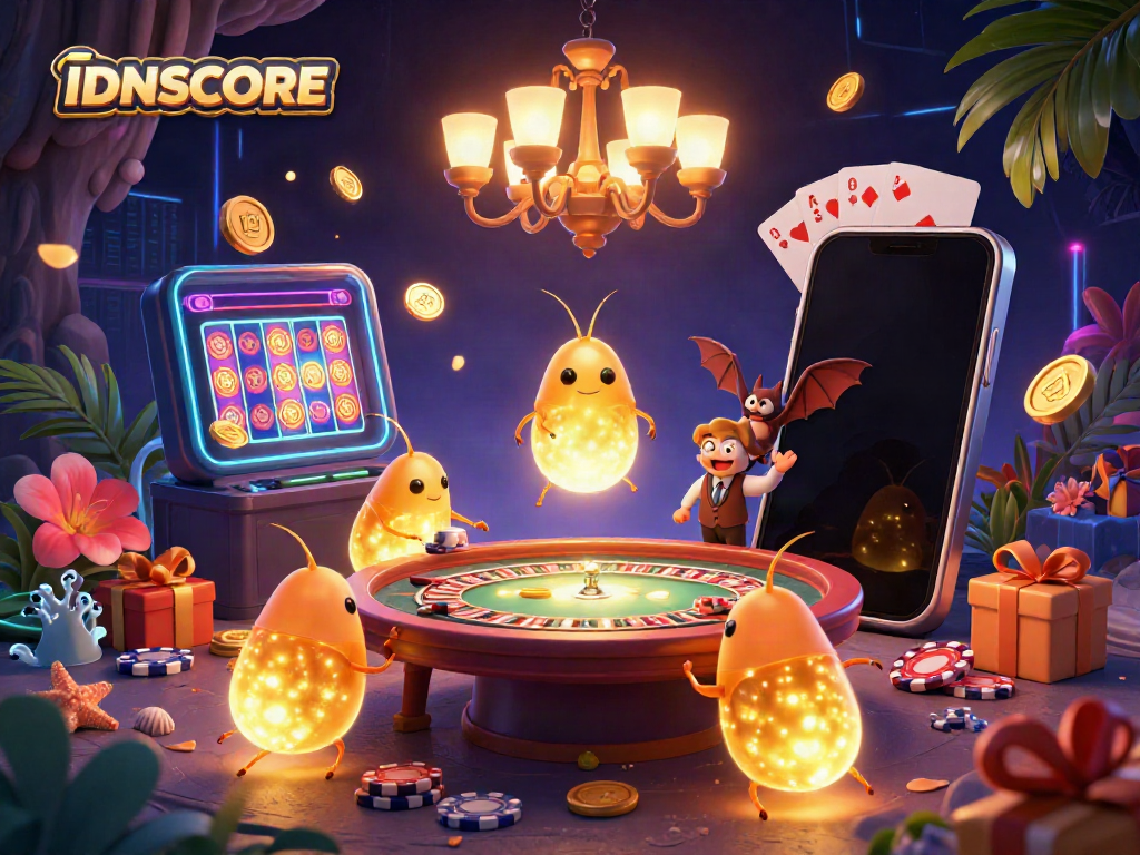IDNSCORE illuminates the casino with glowworms, showcasing vibrant slots and poker action in a playful cave setting.