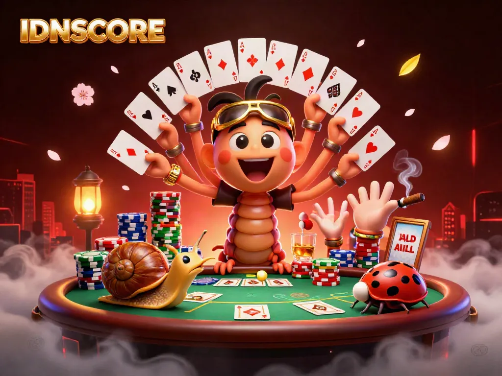 Engage with IDNSCORE in a vibrant casino scene featuring unique characters and dynamic gambling elements.